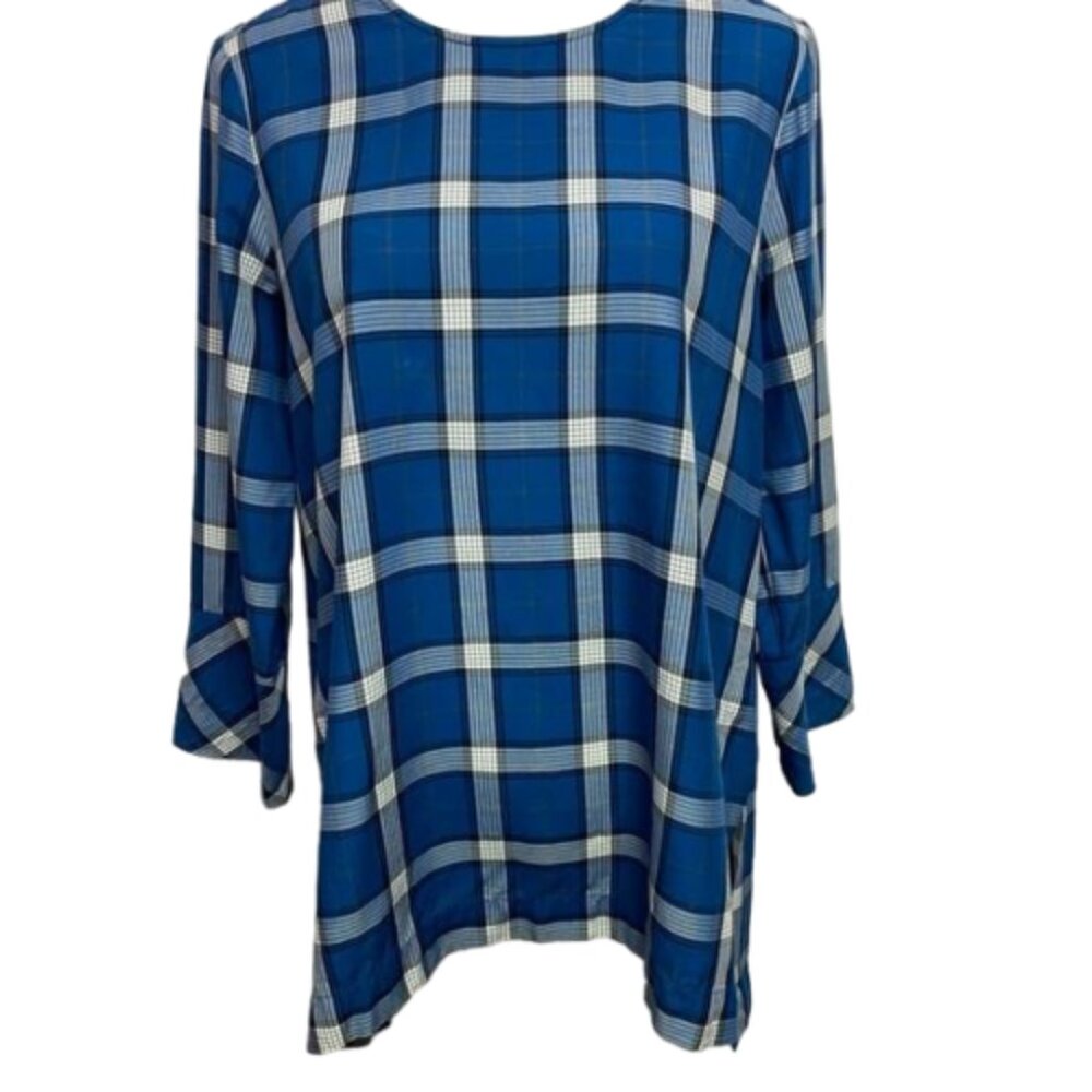 J.Jill Plaid Button Down Back Blue & Black Hi Lo Tunic  Size S #0803